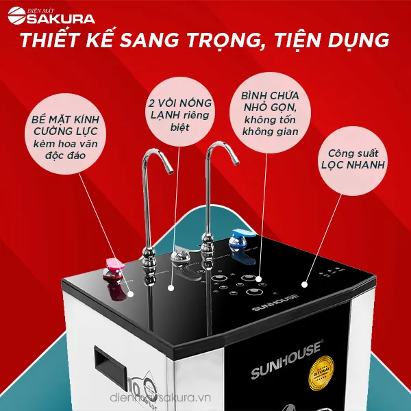 Máy lọc nước Sunhouse SHR76210CK 10 lõi với thiết kế hiện đại và sang trọng, nổi bật trong mọi không gian bếp, hỗ trợ lắp đặt dễ dàng.