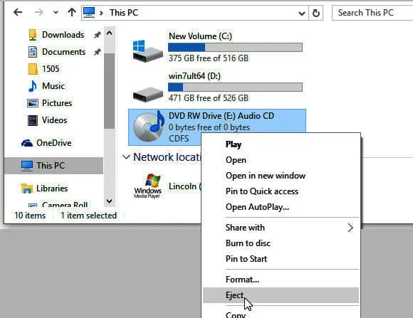Cách xử lí khi ổ CD/DVD bị kẹt đĩa bằng tính năng Eject trên Windows