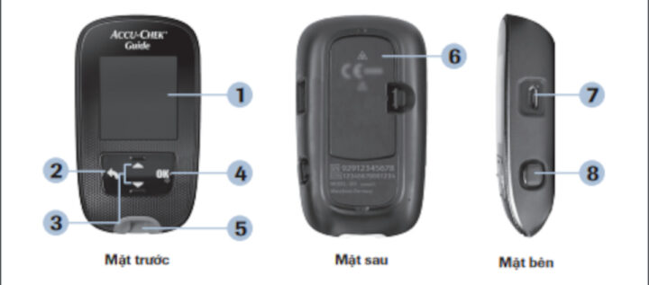 Cấu tạo máy đo đường huyết Accu-Chek Guide - Hình ảnh mô tả chi tiết các nút chức năng và cổng kết nối, hỗ trợ cách lắp kim máy đo đường huyết Accu-Chek