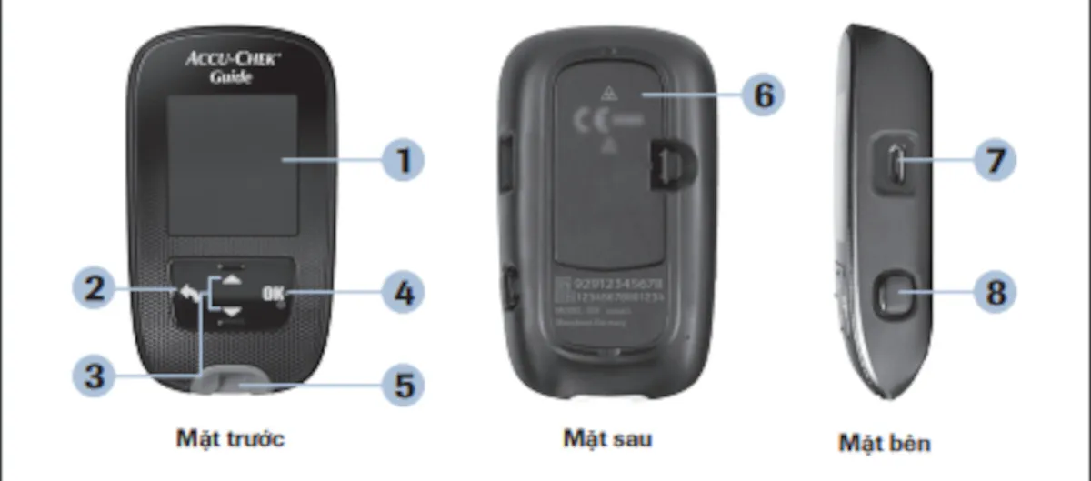 Cấu tạo chi tiết máy đo đường huyết Accu-Chek Guide, hướng dẫn sử dụng thiết bị.
