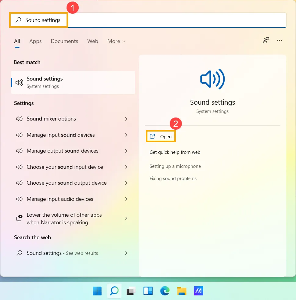 Tìm kiếm và mở cài đặt âm thanh trên Windows 11 để cấu hình line in loa trong máy tính.