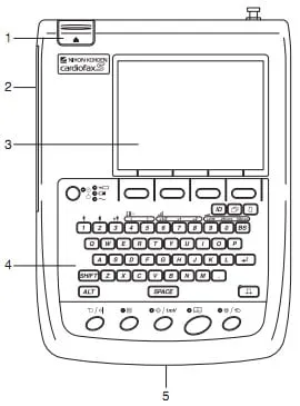 Mặt trước máy điện tim Cardiofax với phím mở hộp giấy và màn hình LCD