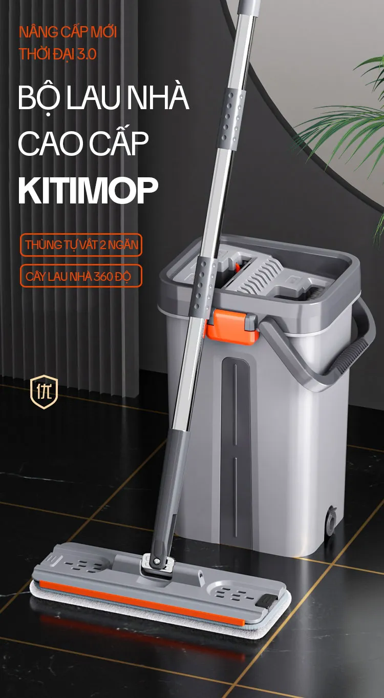 Bộ cây lau nhà tự vắt thông minh KITIMOP SM33 PRO hoàn chỉnh sẵn sàng để lắp đặt và sử dụng