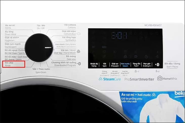 Tính năng Rinse trên máy giặt Beko 8kg giúp giũ xả kỹ càng, phù hợp cho quần áo trẻ em và da nhạy cảm