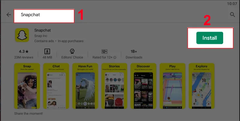 Tìm kiếm và cài đặt Snapchat trong Google Play Store trên BlueStacks