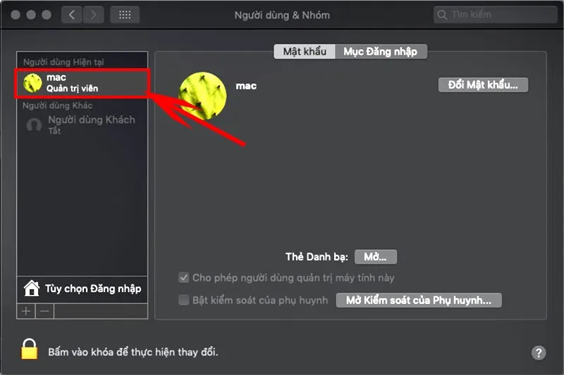Nhấn vào tài khoản Quản trị viên