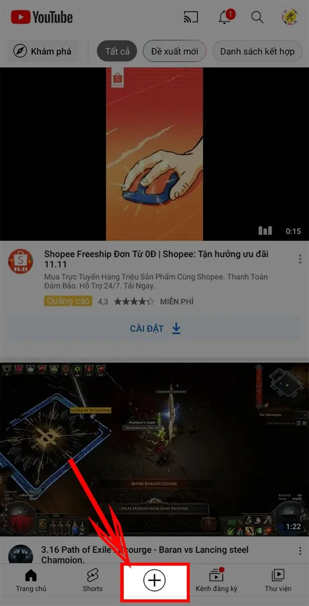 Biểu tượng dấu cộng trên ứng dụng YouTube di động, đại diện cho việc bắt đầu tạo hoặc đăng tải nội dung, bao gồm video, ngay cả khi bài viết tập trung vào cách tự chế video đăng lên youtube bằng máy tính