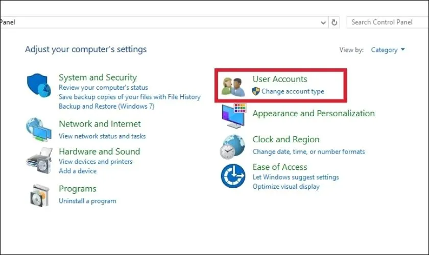 Giao diện User Accounts trong Control Panel để quản lý tài khoản khi bạn cần cách mở khóa máy tính