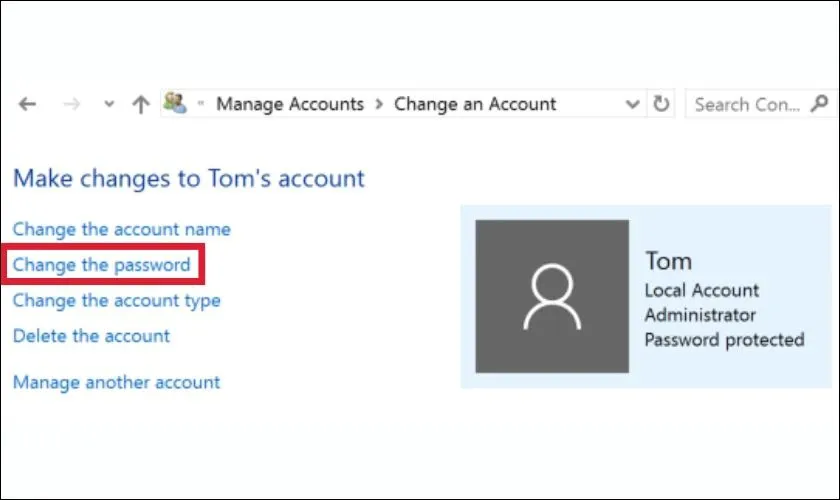 Cửa sổ Change the password để đặt lại mật khẩu cho tài khoản bị quên