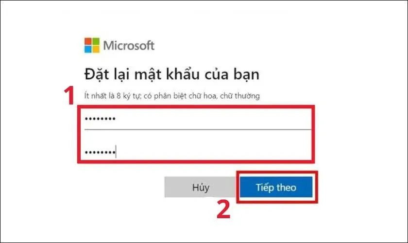 Tạo mật khẩu mới và xác nhận để hoàn tất việc mở khóa tài khoản Microsoft