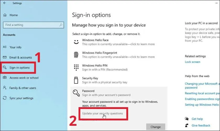 Giao diện cập nhật câu hỏi bảo mật cho tài khoản cục bộ