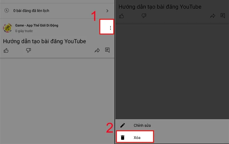 Menu ba chấm để tùy chọn xóa hoặc chỉnh sửa bài đăng trên YouTube, tương tự như quản lý video đã tự chế