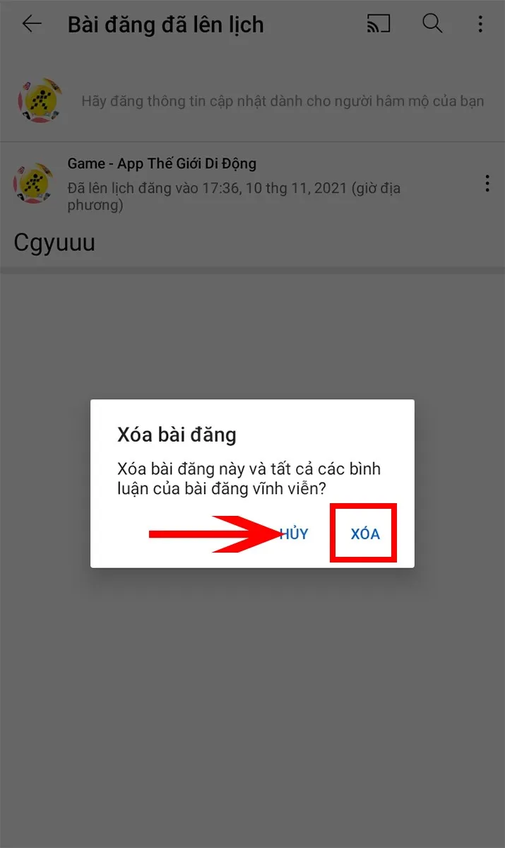 Màn hình xác nhận xóa nội dung trên YouTube, một bước quan trọng khi muốn gỡ bỏ video hoặc bài đăng đã tạo