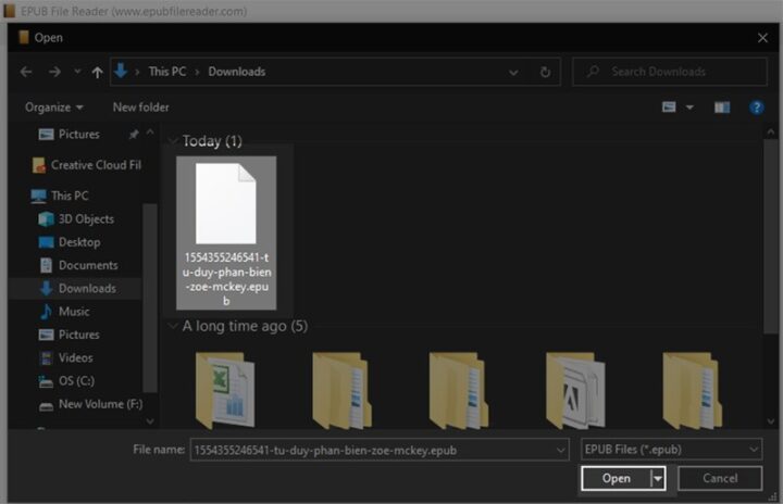 Chọn file EPUB để mở bằng phần mềm EPUB FILE READER
