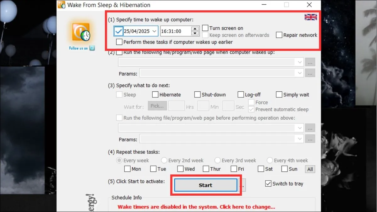 Hướng dẫn thiết lập thời gian hẹn giờ mở máy tính Win 10 trong giao diện phần mềm WakeUpOnStandBy