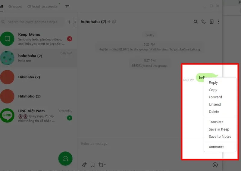 Nhấn chuột phải tại tin nhắn muốn thu hồi và chọn Unsend