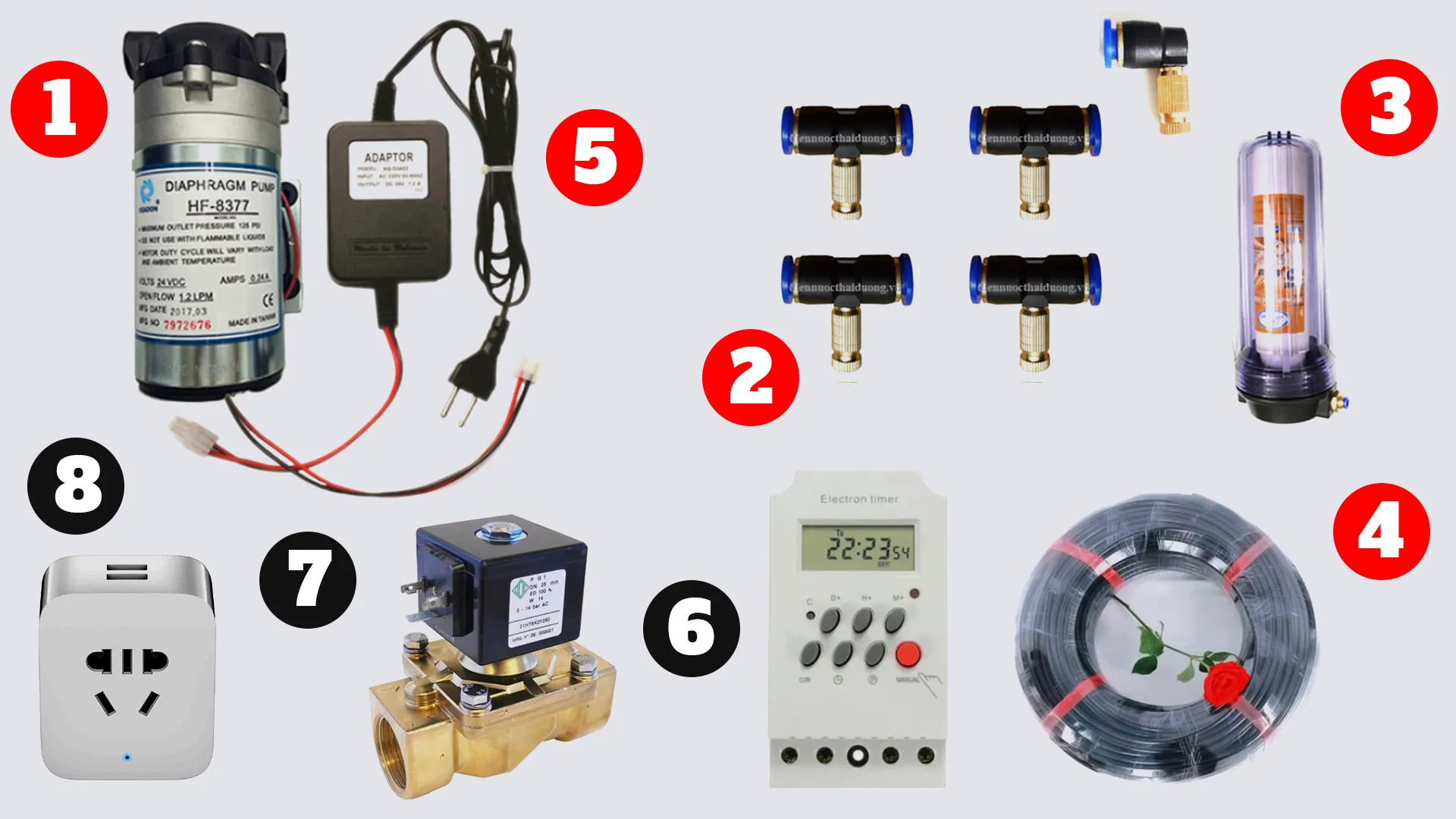 Các linh kiện cần chuẩn bị để lắp đặt hệ thống phun sương mini tự động