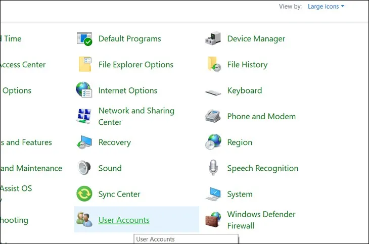 Nhấn vào User Accounts để quản lý và thay đổi mật khẩu mở máy tính