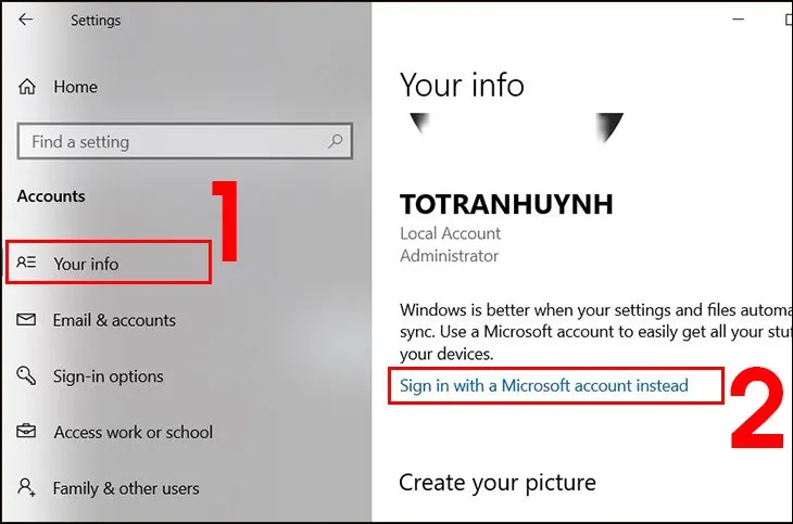Trong mục Your info, chọn Sign in with a Microsoft account instead để liên kết tài khoản và quản lý mật khẩu mở máy tính