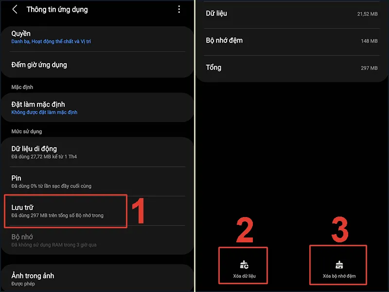 Xóa dữ liệu và bộ nhớ đệm của ứng dụng để giải phóng không gian, một bước khắc phục sự cố trước khi thực hiện cách khởi động máy Sky chế độ mode xóa file.