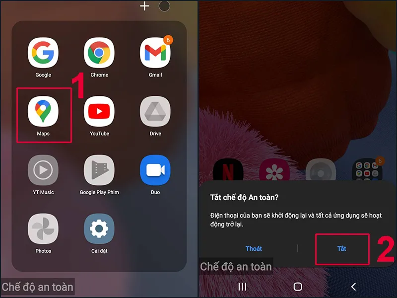 Xác nhận thoát chế độ an toàn trên điện thoại, đưa thiết bị trở lại hoạt động bình thường.