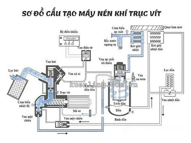 Sơ đồ chi tiết cấu tạo máy nén trục vít, minh họa các hệ thống van và đường dẫn khí