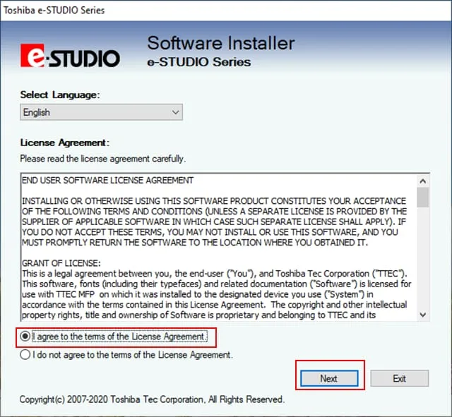 Đồng ý điều khoản để tiếp tục cài đặt driver cho máy photocopy Toshiba 723