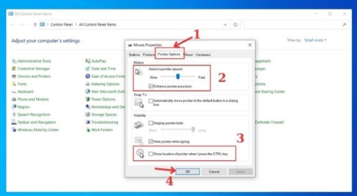 Người dùng tick chọn vào mục Show location of pointer when I press CTRL key và nhấn OK