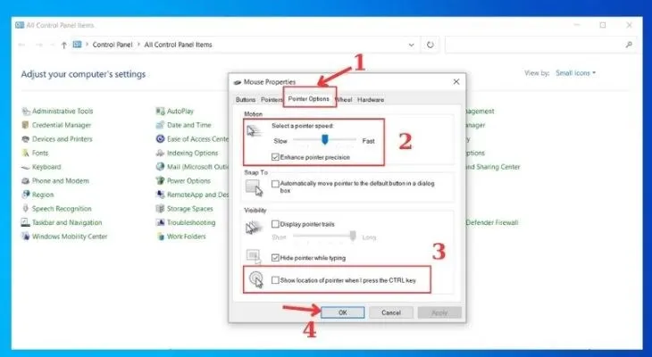 Người dùng tick chọn vào mục Show location of pointer when I press CTRL key và nhấn OK