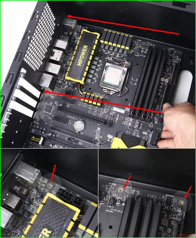 Cố định bo mạch chủ vào vỏ case máy tính bằng ốc đệm, một bước quan trọng khi tự lắp máy tính để bàn