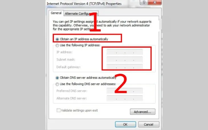 Bạn chọn Obtain an IP address automatically