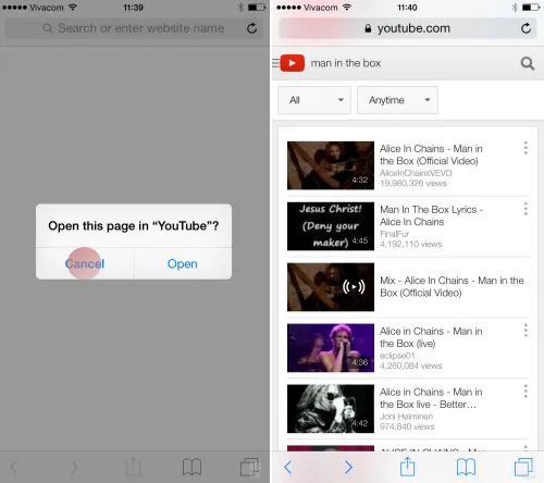 Hộp thoại xác nhận trên trình duyệt Safari của iPhone, minh họa một quyết định tương tác người dùng khi vận hành máy nghe nhạc đa năng