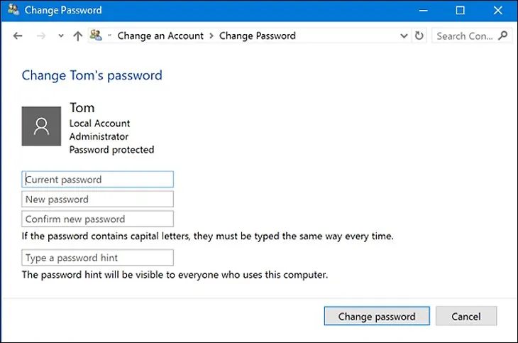 Nhập mật khẩu hiện tại và mật khẩu mới, sau đó nhấn Change password để hoàn tất việc đổi mật khẩu mở máy tính
