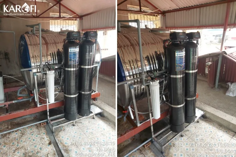 Hệ thống tự lắp đặt bộ lọc nước gia đình hai cột lọc cạnh bồn chứa nước