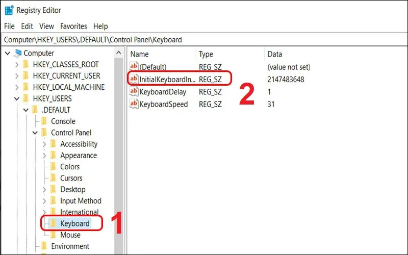 Giao diện Registry Editor hiển thị đường dẫn điều chỉnh InitialKeyboardIndicator để kích hoạt bàn phím số tự động.