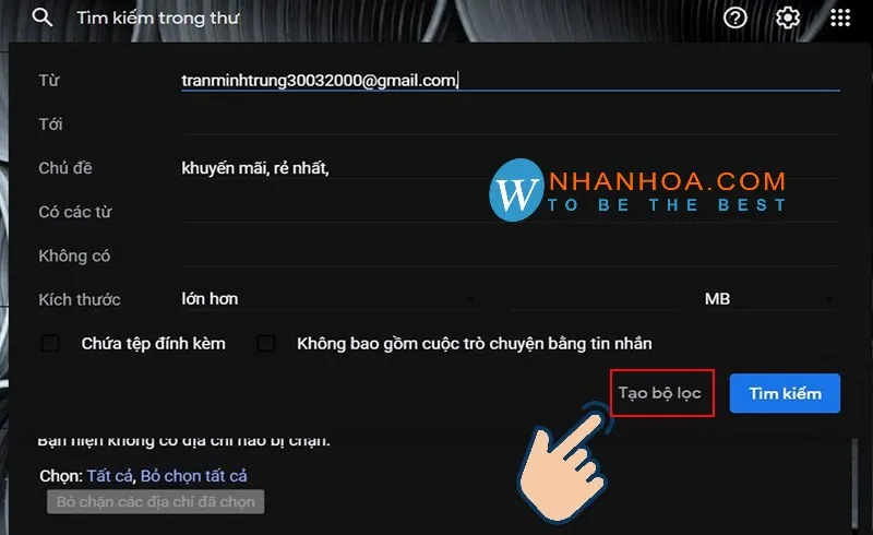 Điền thông tin bộ lọc để chặn email rác hiệu quả trong Gmail