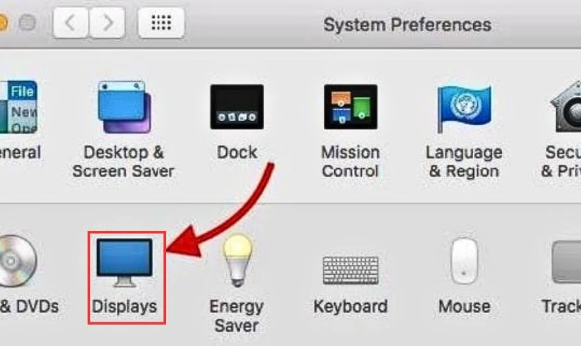Chọn Displays trong System Preferences để chỉnh màn hình MacBook bị ngược.