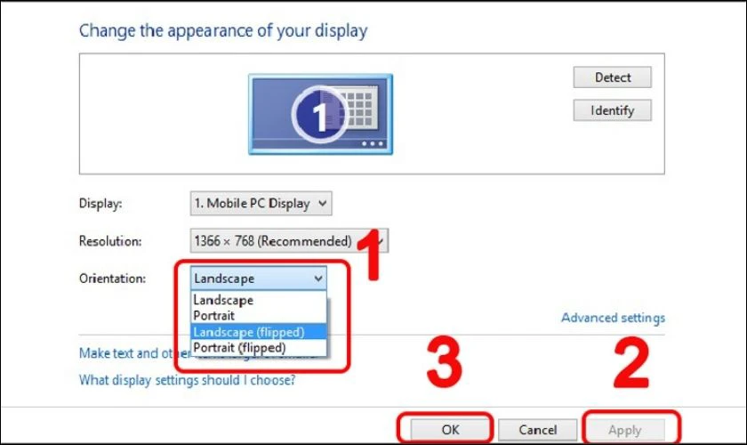 Chọn Orientation và áp dụng để sửa màn hình máy tính bị ngược Win 8/8.1.