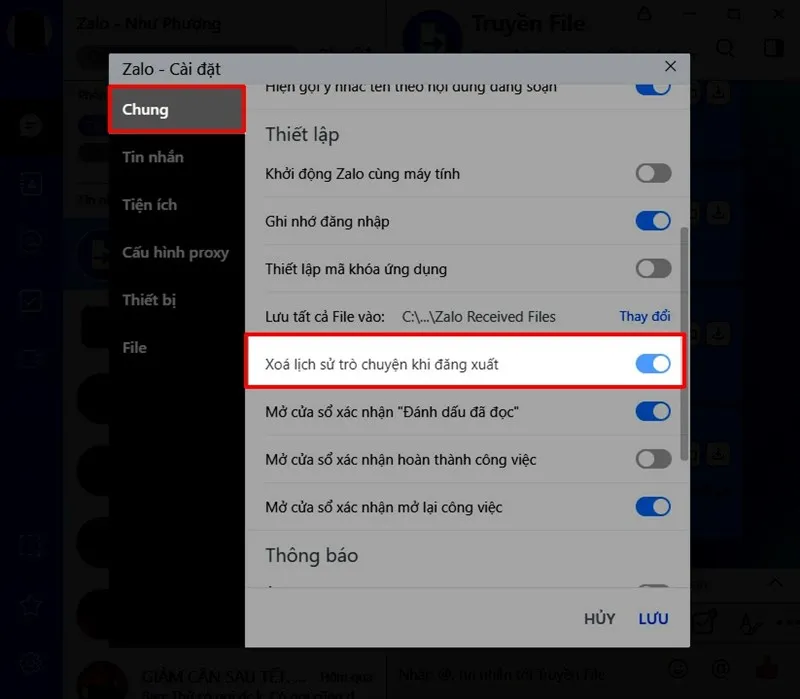Thiết Lập Xóa Lịch Sử Trò Chuyện Zalo Tự Động Khi Đăng Xuất Máy Tính