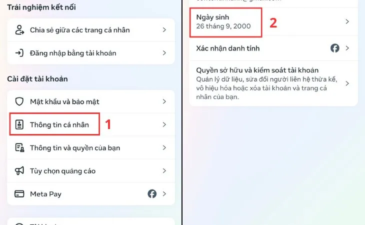 Chọn Thông tin cá nhân trong phần cài đặt để thực hiện thay đổi ngày sinh trên Facebook