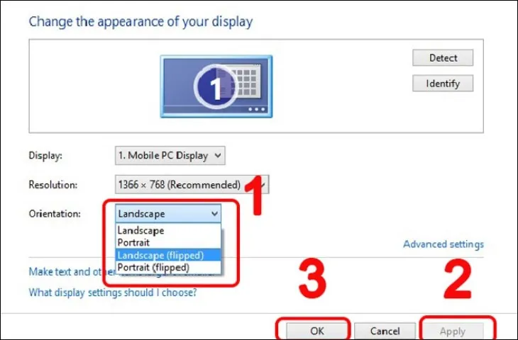 Giao diện Screen Resolution trên Windows để điều chỉnh hướng màn hình máy tính bị xoay ngang