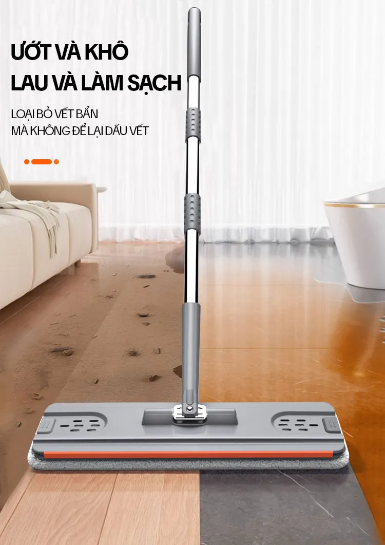 Thực hiện lau dọn sàn nhà với cây lau nhà tự vắt thông minh, đầu lau xoay linh hoạt tiếp cận mọi ngóc ngách