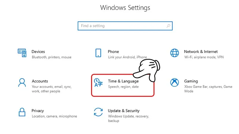 Chọn Time &amp; Language (Giờ &amp; Ngôn ngữ)
