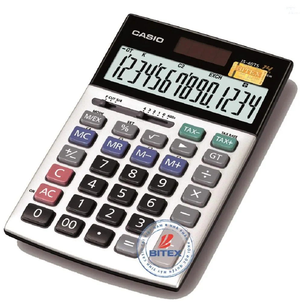 Màn hình lớn và bàn phím chuyên nghiệp của máy tính Casio JS-40TS giúp tính toán hiệu quả.