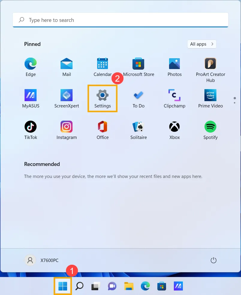 Nhấp vào biểu tượng Start trên taskbar và chọn Settings để bắt đầu quá trình vào Safe Mode máy Asus