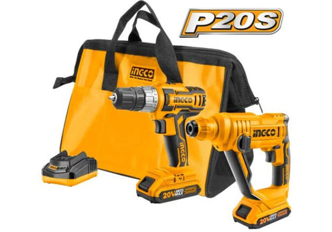 Bộ máy bắn vít Ingco 20V CKLI2008 cùng máy khoan bê tông, pin sạc và phụ kiện, thể hiện tính đa năng của dụng cụ điện cầm tay dùng pin.