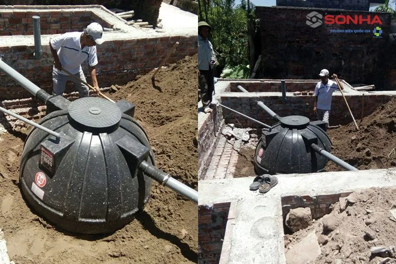 Hình ảnh thực tế thi công lắp đặt bể tự hohoại PE ngoài trời cho công trình