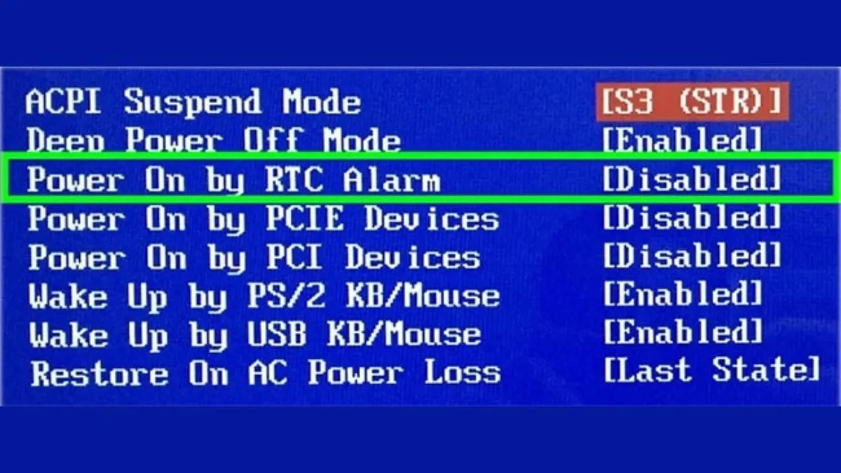 Tìm kiếm tùy chọn hẹn giờ mở máy tính Win 10 như RTC Wake Up trong cài đặt BIOS