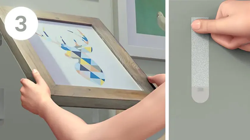 Các bước cố định khung ảnh lên tường bằng miếng dán Command 3M, thực hiện treo khung ảnh không cần khoan tường