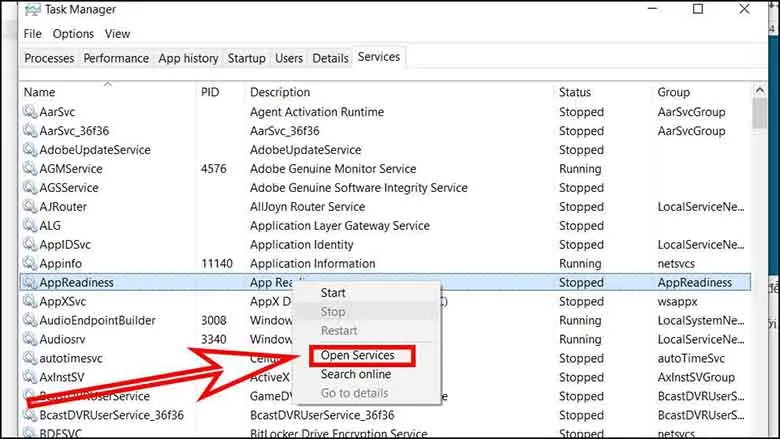 Cửa sổ thuộc tính của dịch vụ App Readiness, một phần quan trọng trong cách sửa máy tính khi màn hình bị đen.